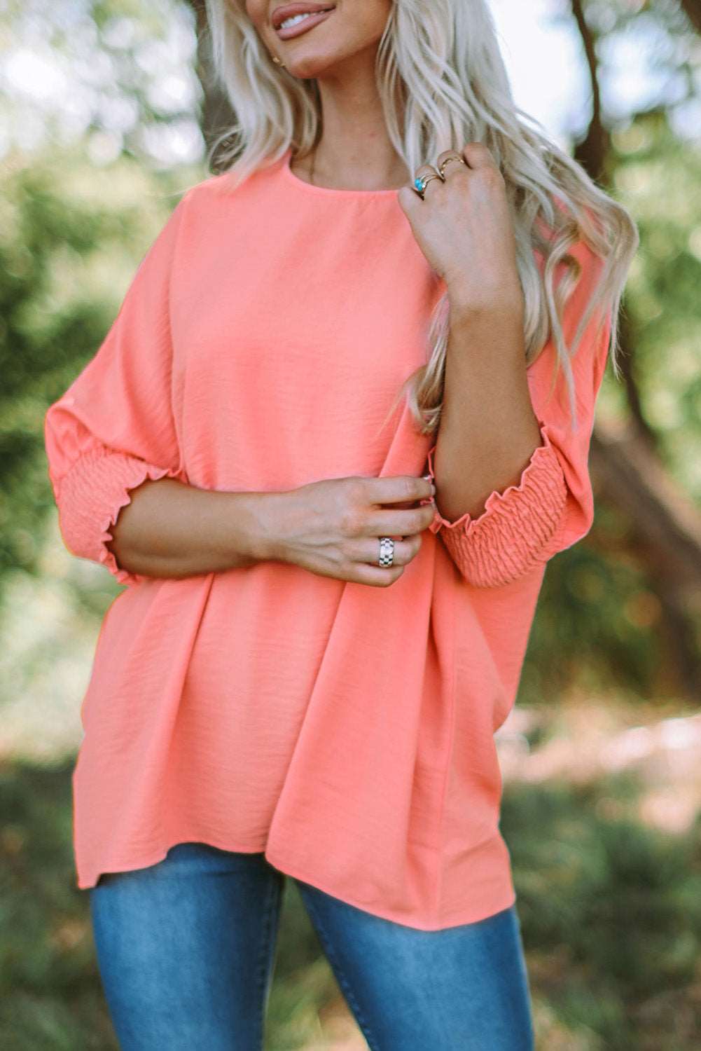 Casual Shirred Cuffs Half Sleeve Top