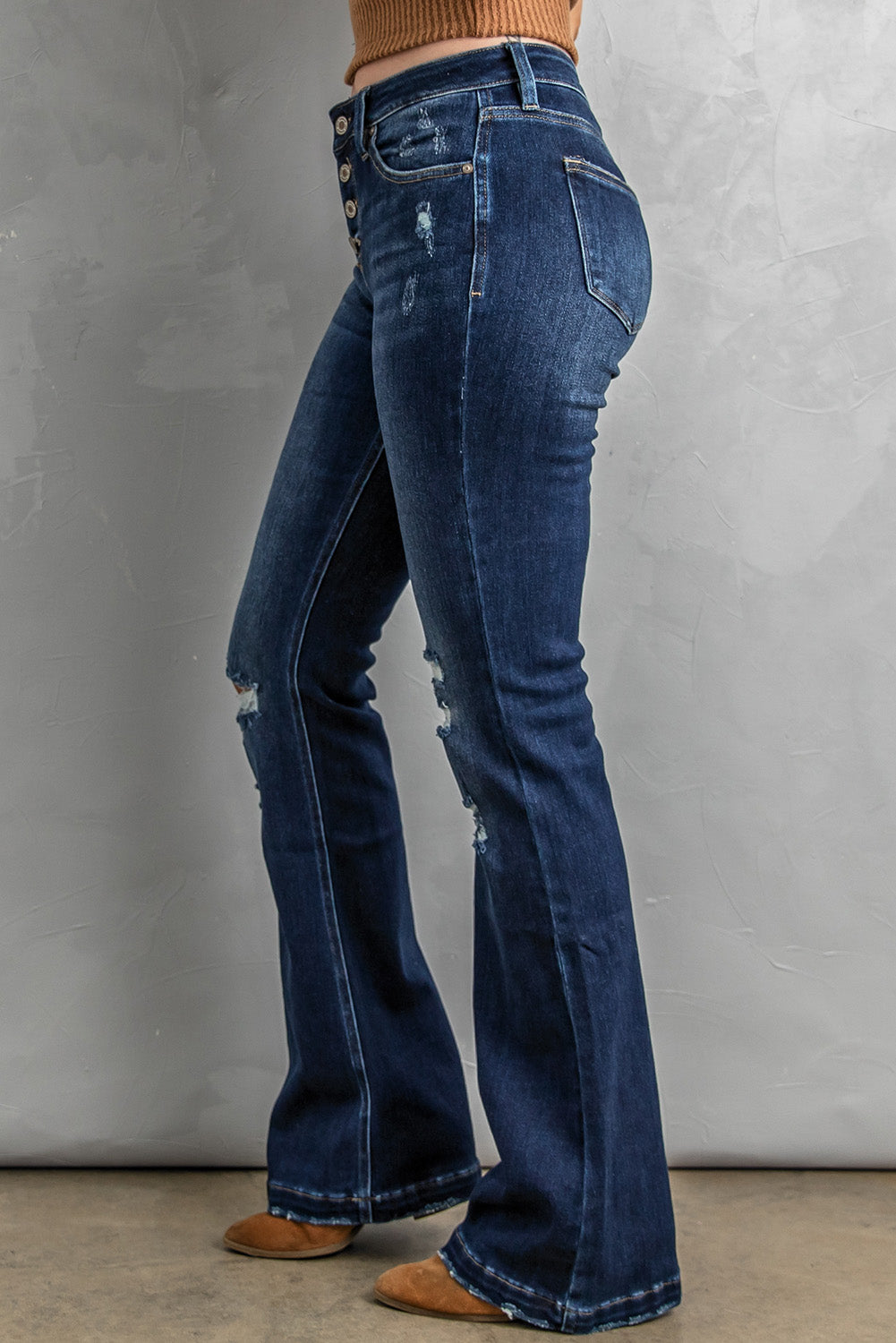 Dark Blue Washed Distressed Flare Bootcut Jeans