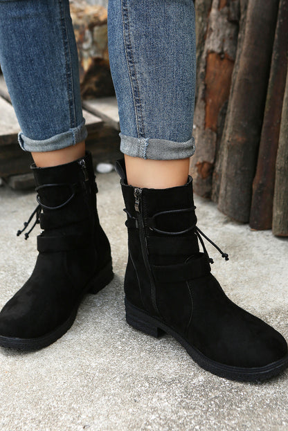 Faux Suede Zip Up Buckle Straps Ankle Boots