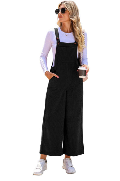 Black Corduroy Side Pockets Wide Leg Overalls Jumpsuits