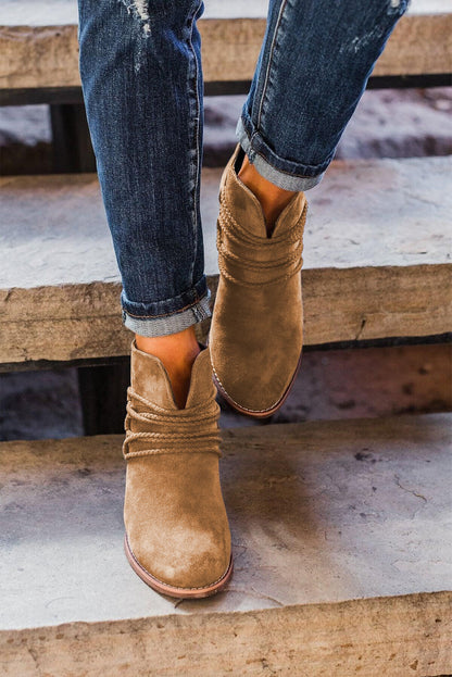 Criss Cross Slip On Point Toe Heeled Boots