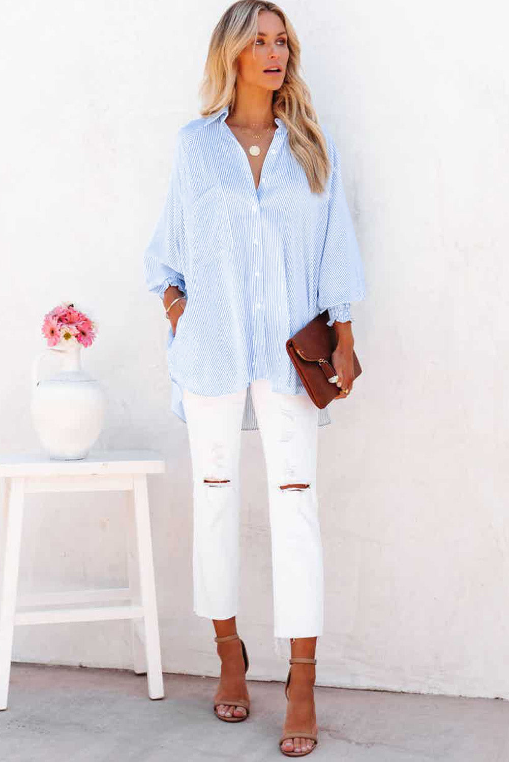 Striped Casual Shirred Cuffs Shirt