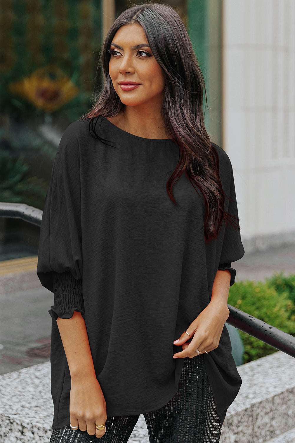 Casual Shirred Cuffs Half Sleeve Top