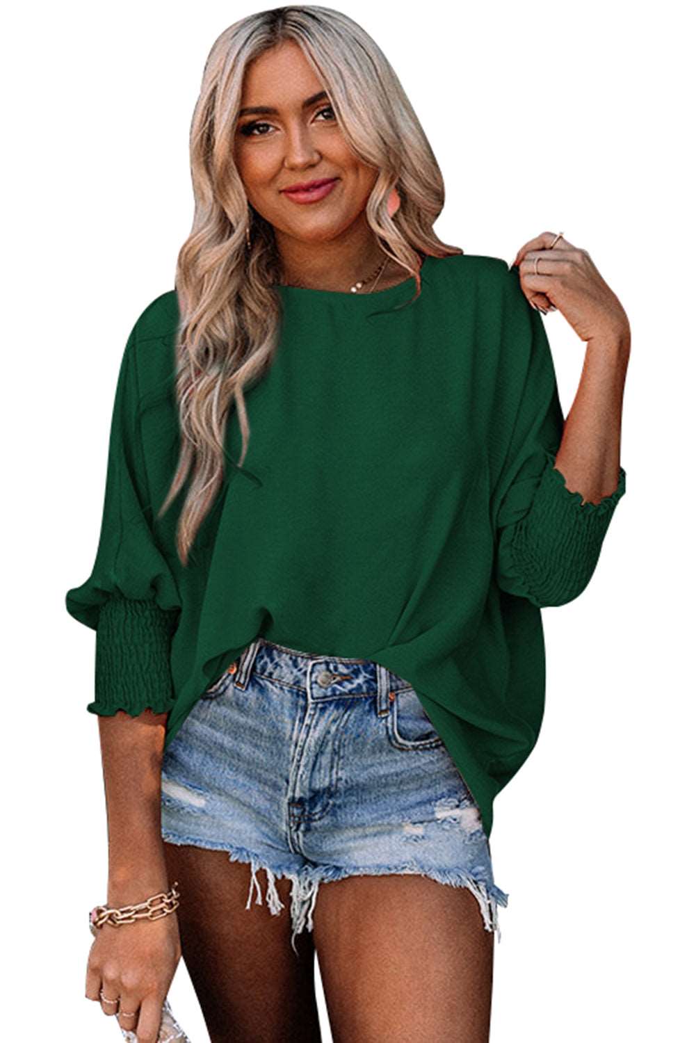 Casual Shirred Cuffs Half Sleeve Top