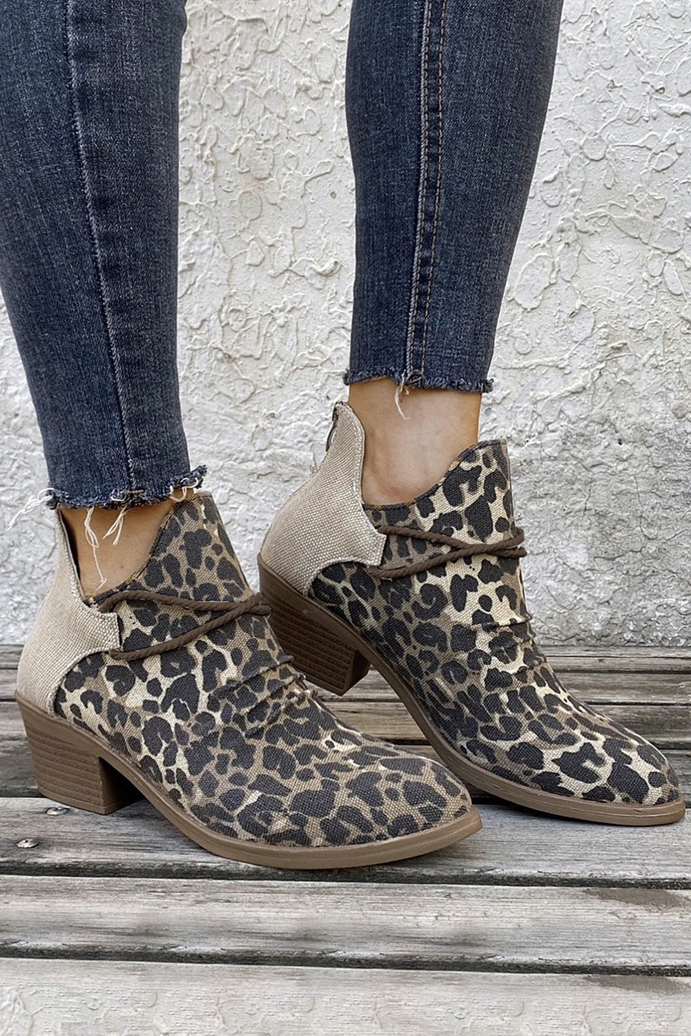 Leopard Retro Canvas Patchwork Chunky Heel Booties