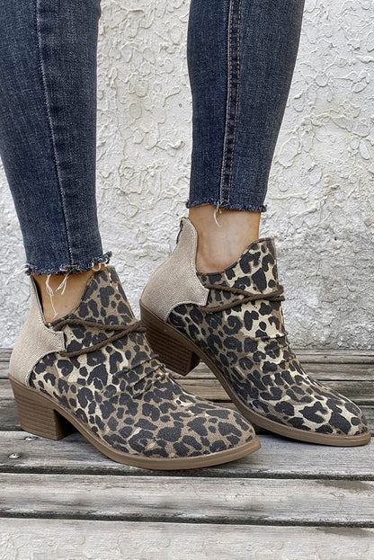 Leopard Retro Canvas Patchwork Chunky Heel Booties