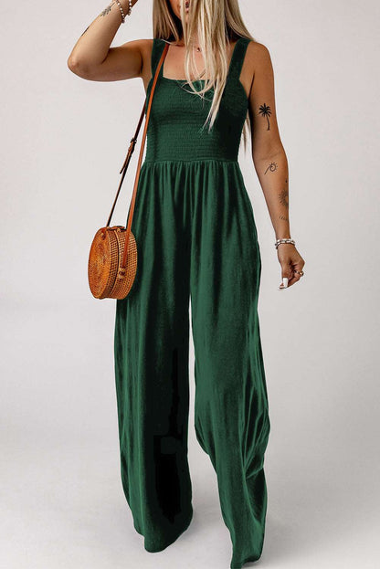 Casual Smocked Pocketed Wide Leg Jumpsuit