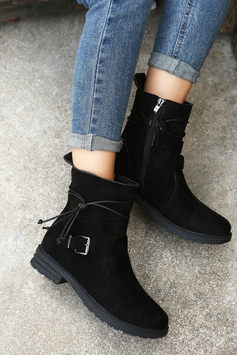 Faux Suede Zip Up Buckle Straps Ankle Boots