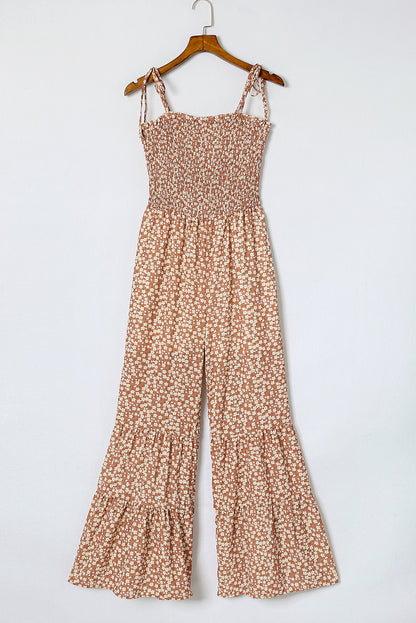 Khaki Floral Thin Straps Smocked Bodice Wide Leg Jumpsuit