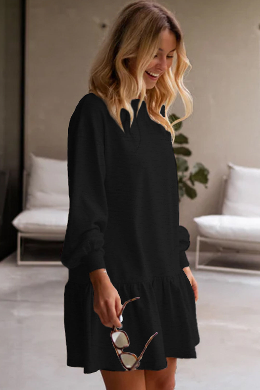 Solid Color Ruffle Hem Mini Sweatshirt Dress