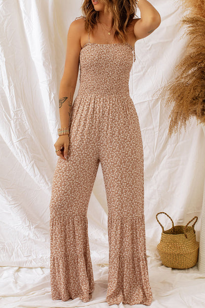 Khaki Floral Thin Straps Smocked Bodice Wide Leg Jumpsuit