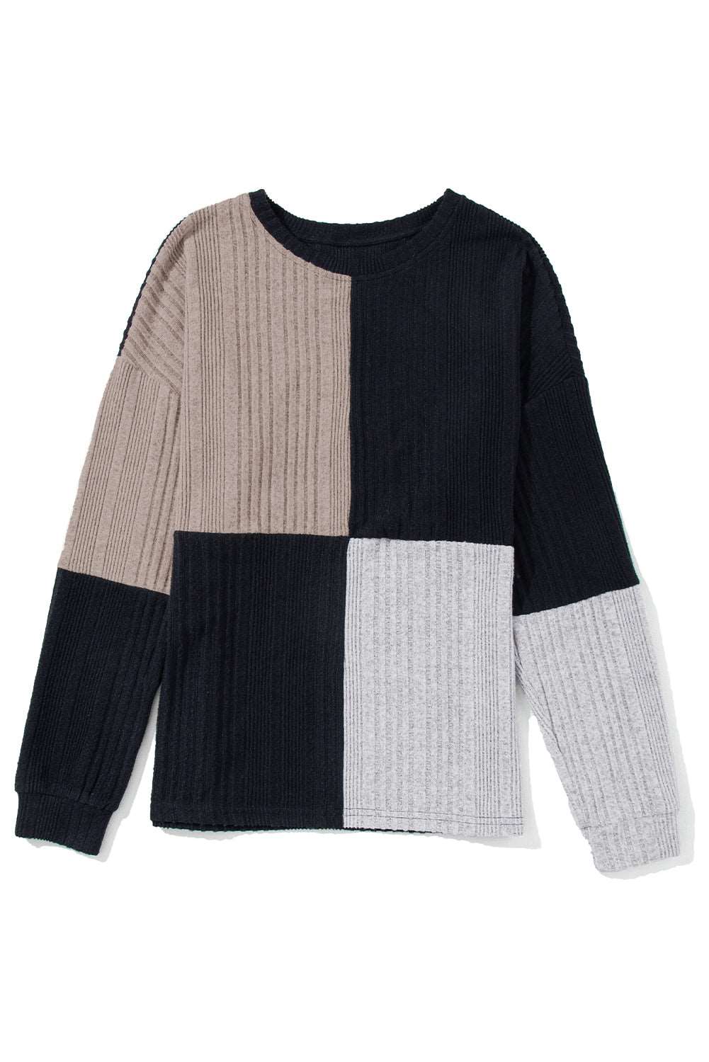 Black Colorblock Textured Knit Long Sleeve Top