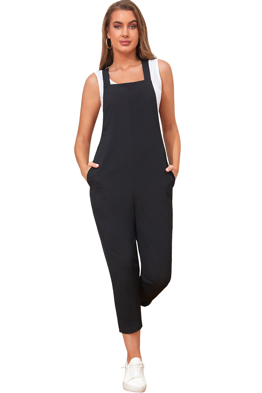 Black Adjustable Buckle Straps Cropped Jumpsuit