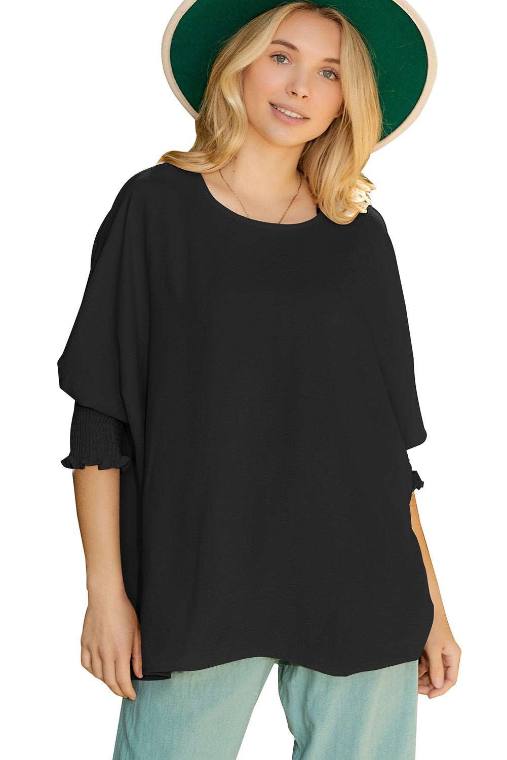 Casual Shirred Cuffs Half Sleeve Top