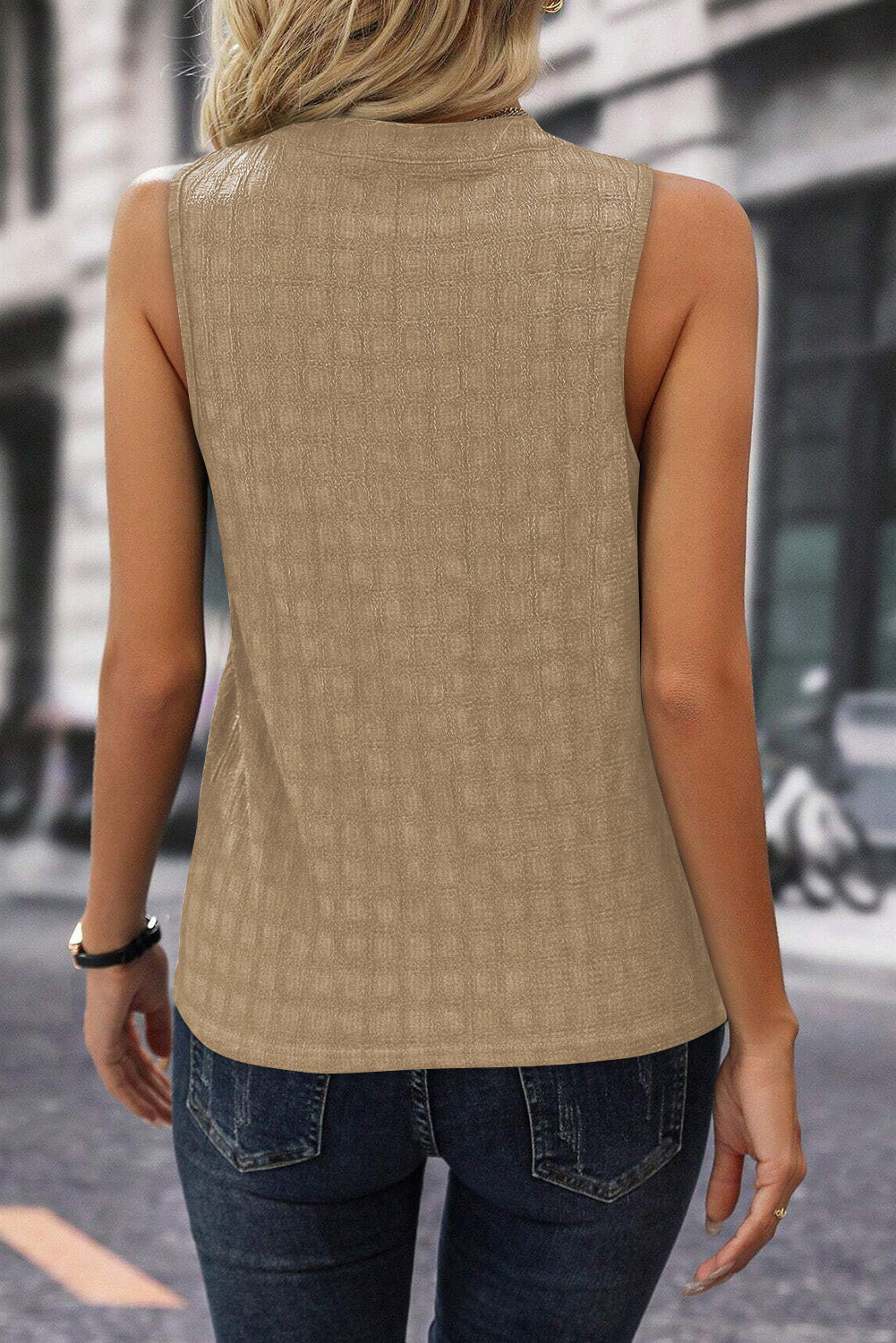 Textured Split V Neck Sleeveless Shirt