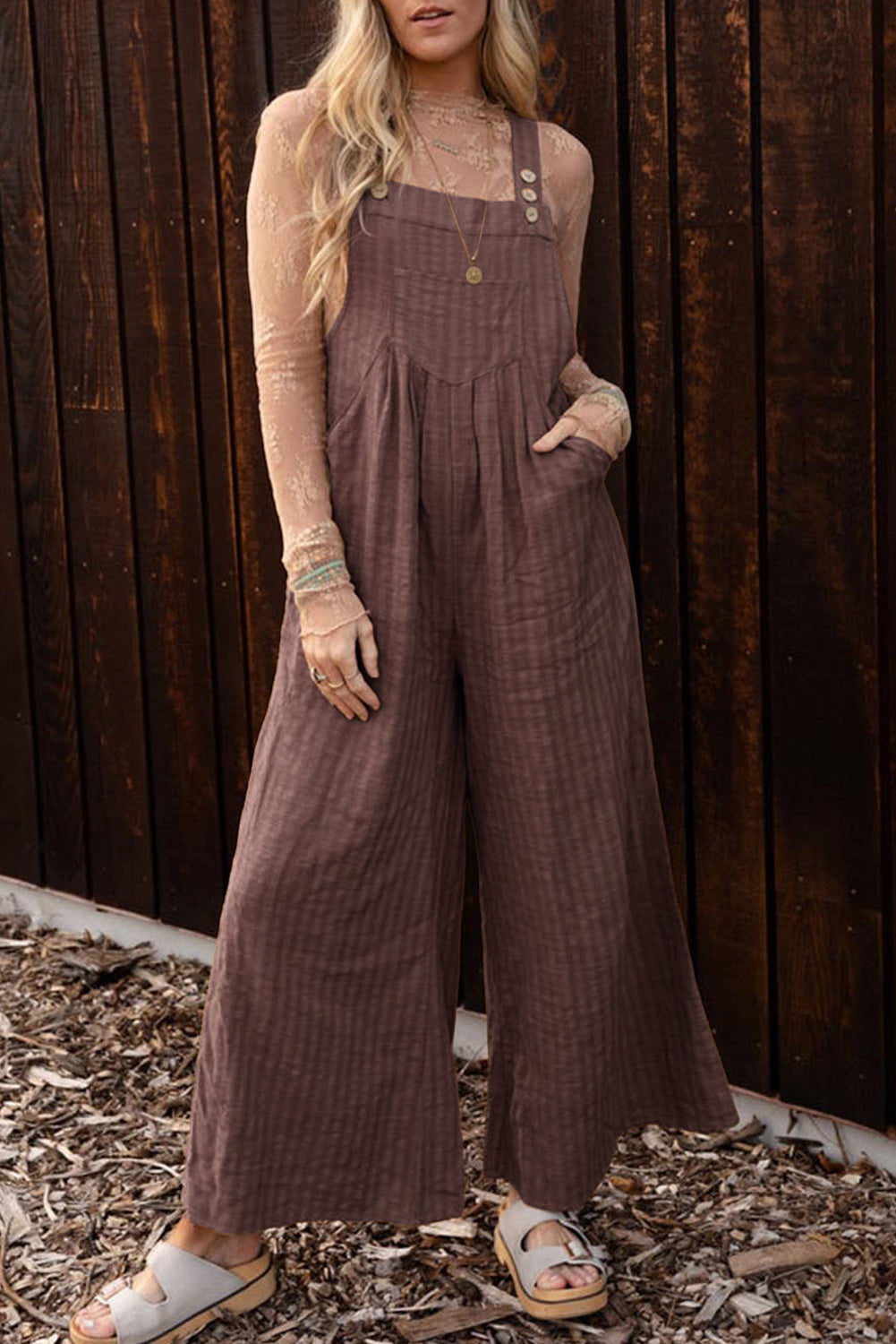 Striped Pleated Pockets Wide Leg Jumpsuit