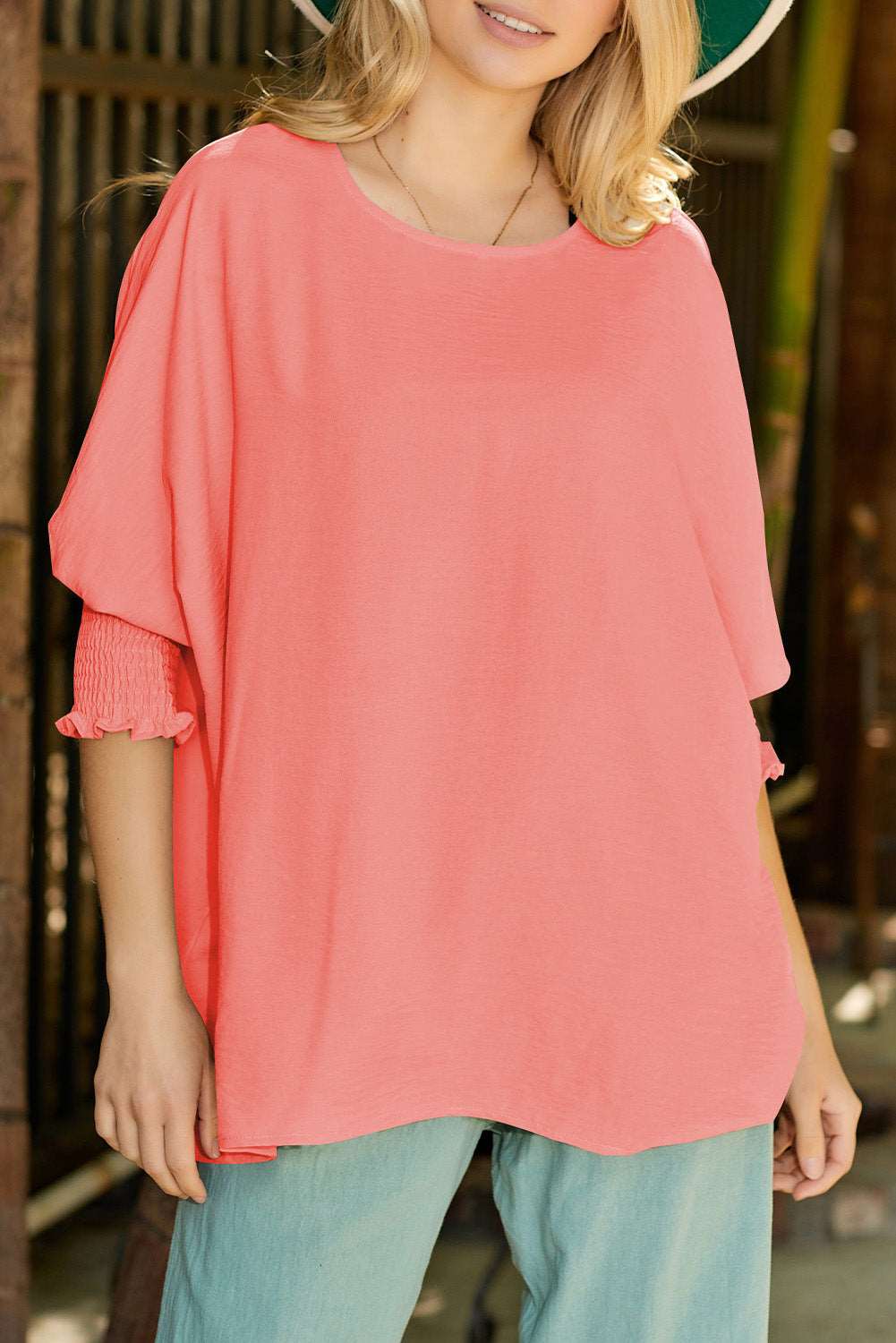 Casual Shirred Cuffs Half Sleeve Top