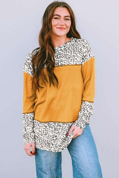 Leopard Print Waffle Knit Patchwork Top