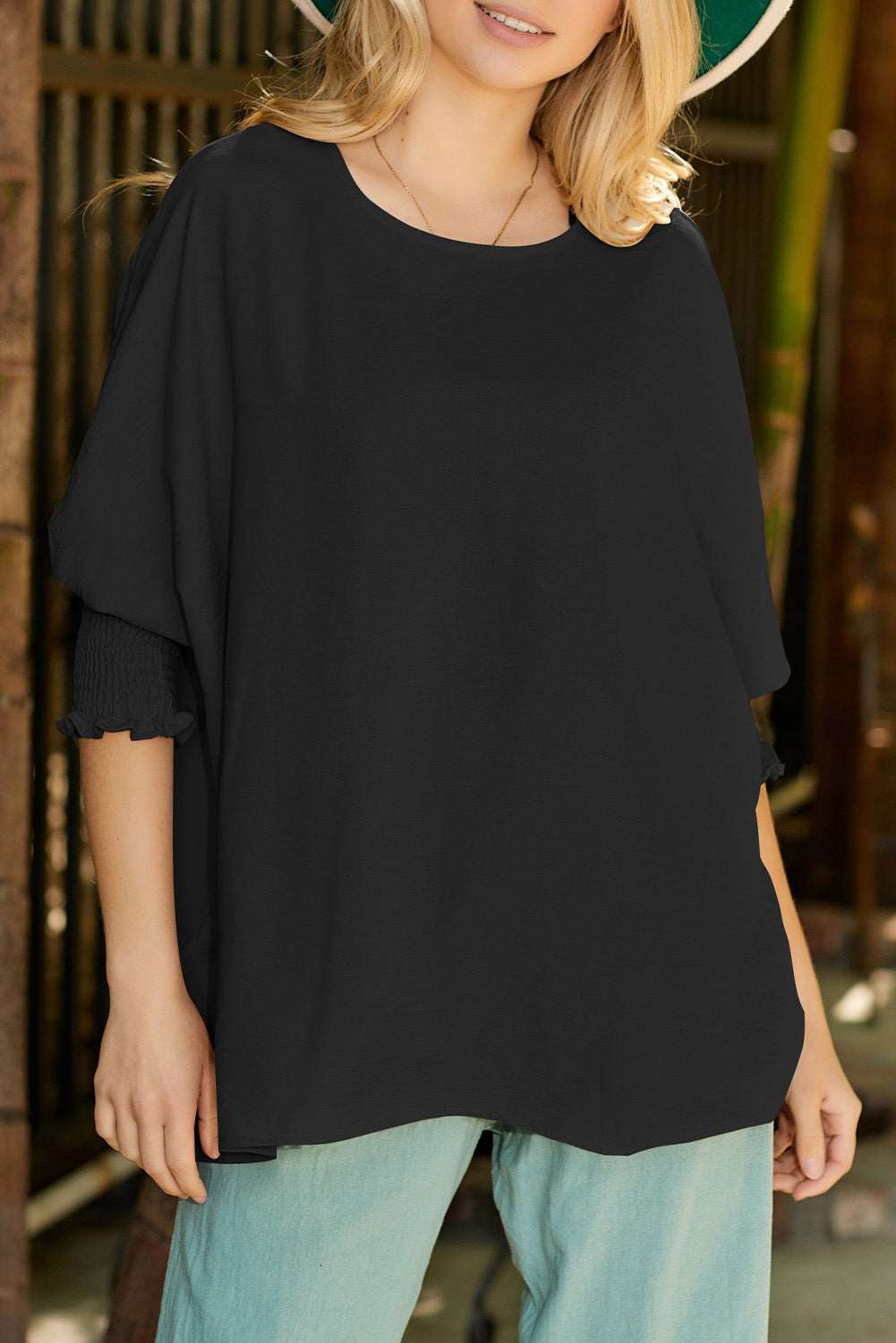 Casual Shirred Cuffs Half Sleeve Top