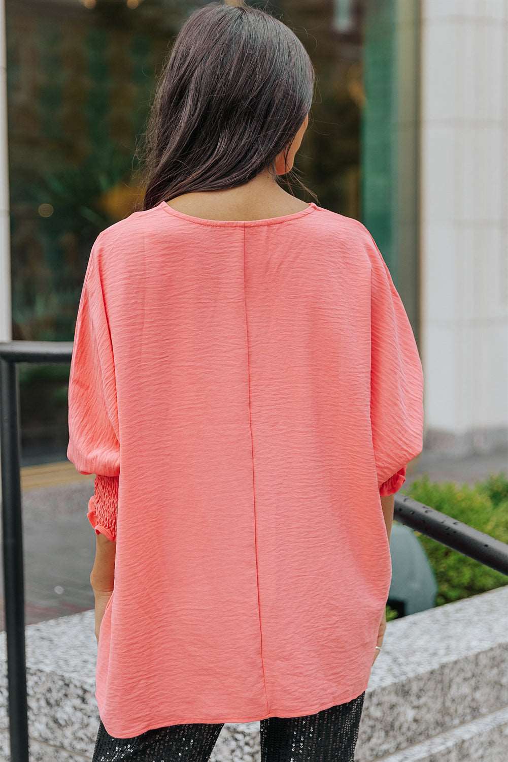 Casual Shirred Cuffs Half Sleeve Top