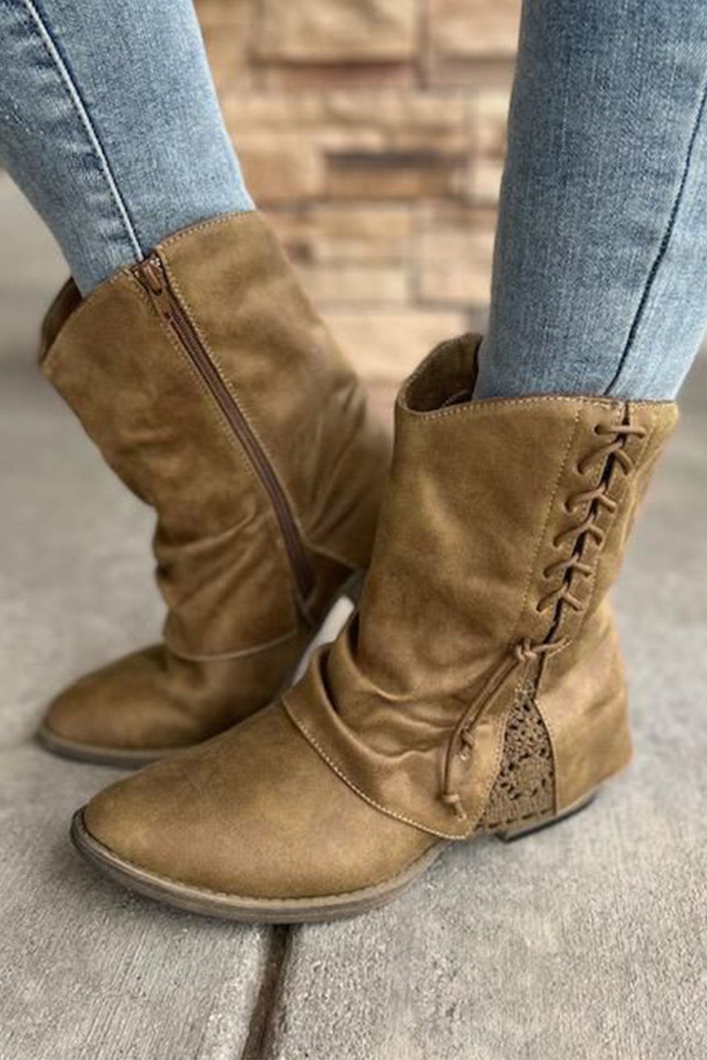 Brown Lace Detail Faux Leather Ankle Boots