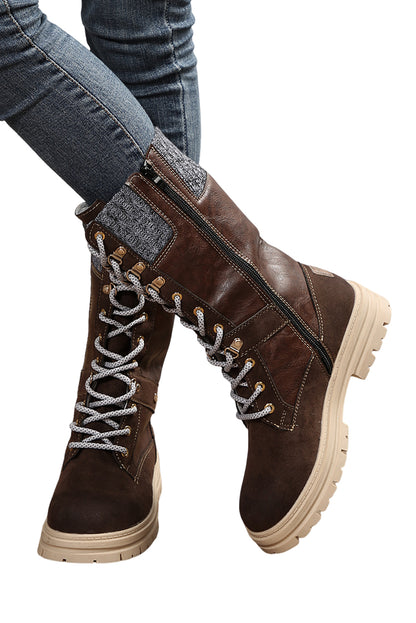 Coffee Wool Knit Patchwork Lace Up Leather Boots