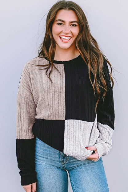 Black Colorblock Textured Knit Long Sleeve Top