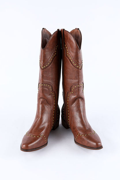 Brown Vintage Rivet Studded Faux Leather Boots