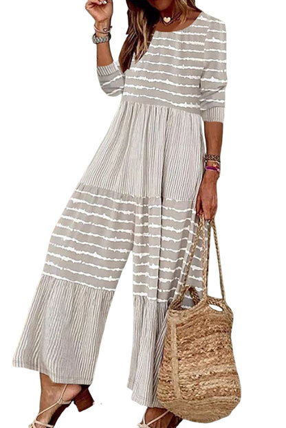 Light Grey Striped Splicing Wide Leg Jumpsuit