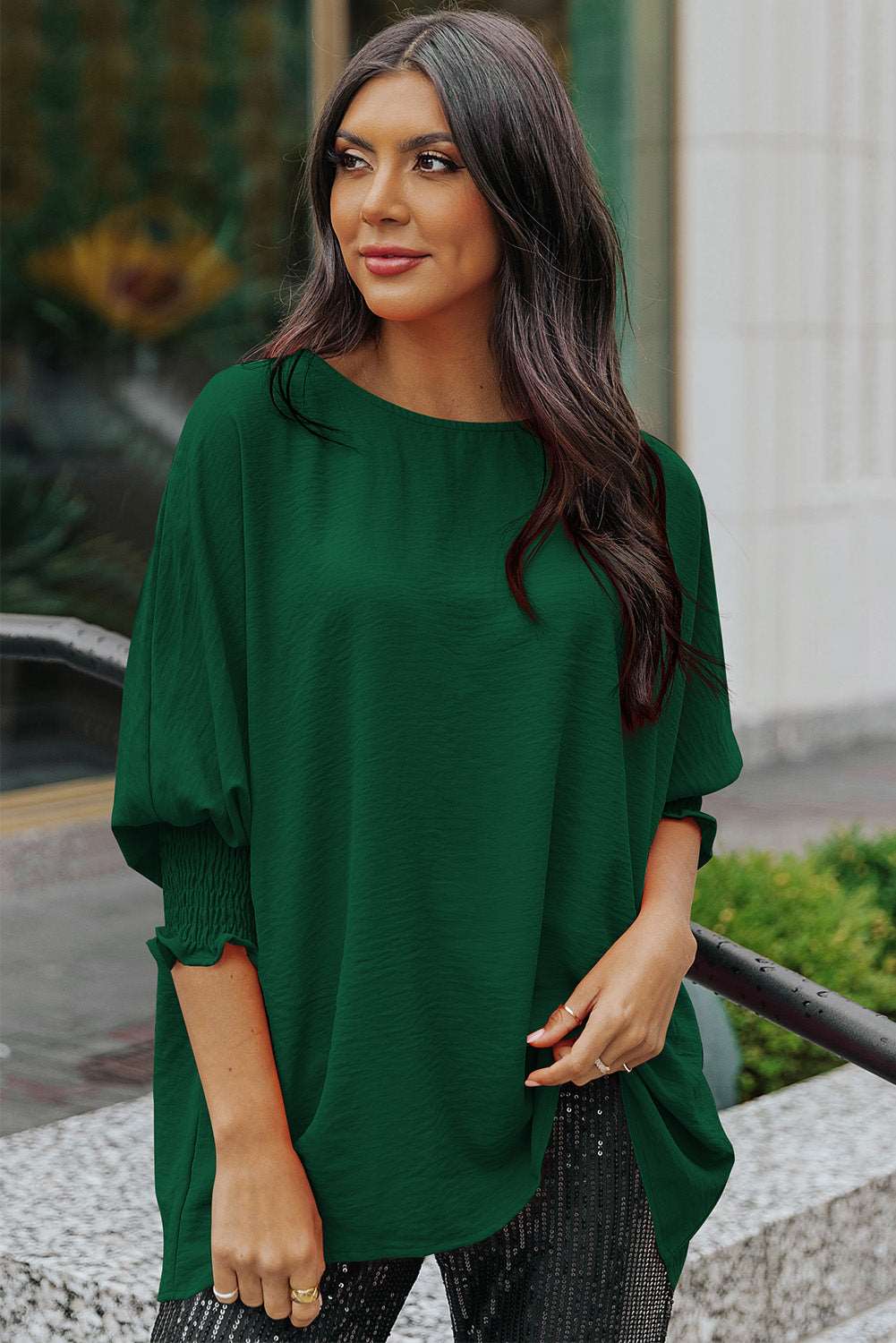 Casual Shirred Cuffs Half Sleeve Top