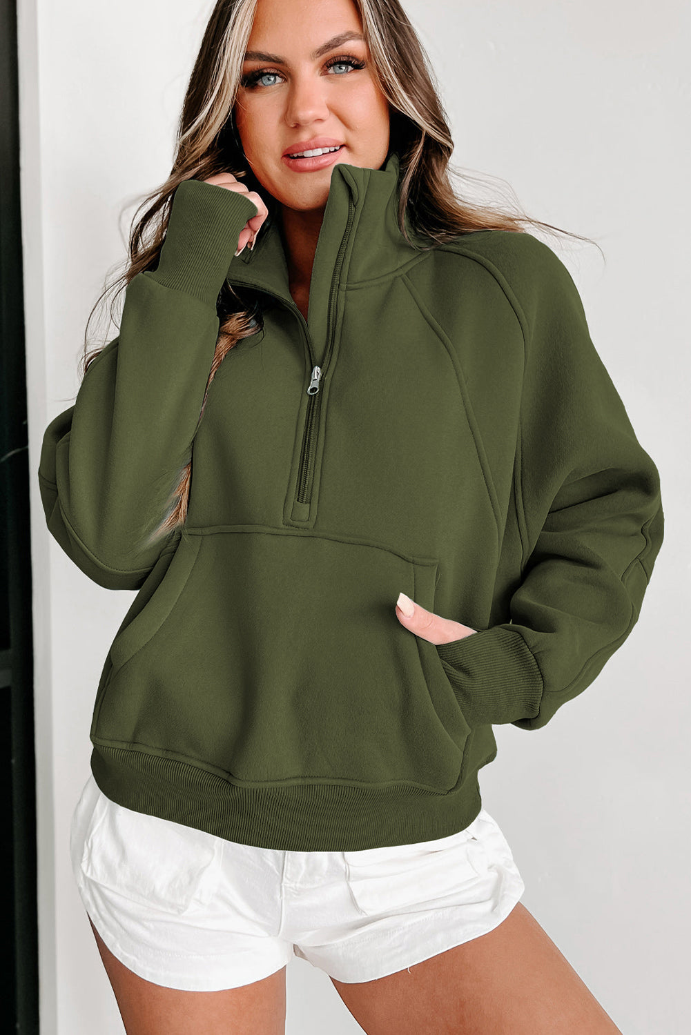 Zip Up Stand Collar Thumb hole Sleeve Sweatshirt