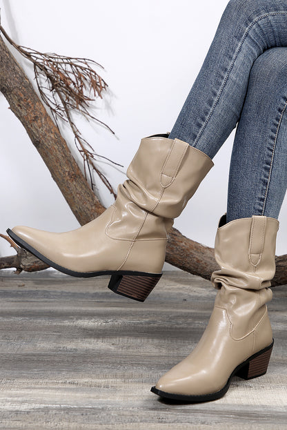 Coffee Block Heel Scrunch Faux Leather Pointed Toe Boots