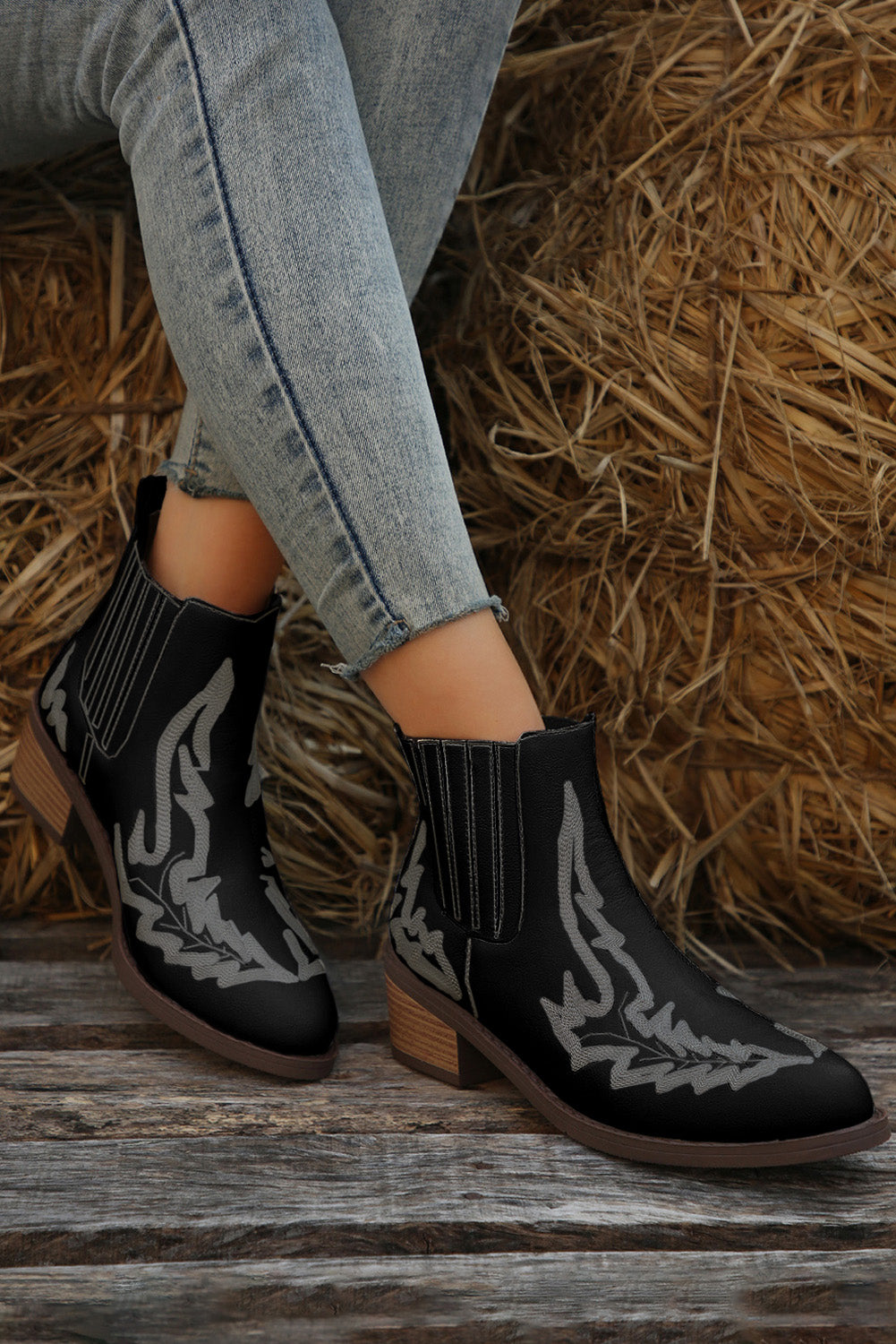 Embroidered Leather Thick Heel Booties