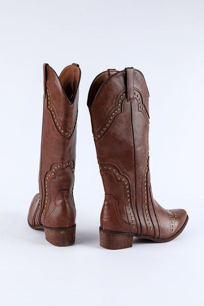 Brown Vintage Rivet Studded Faux Leather Boots