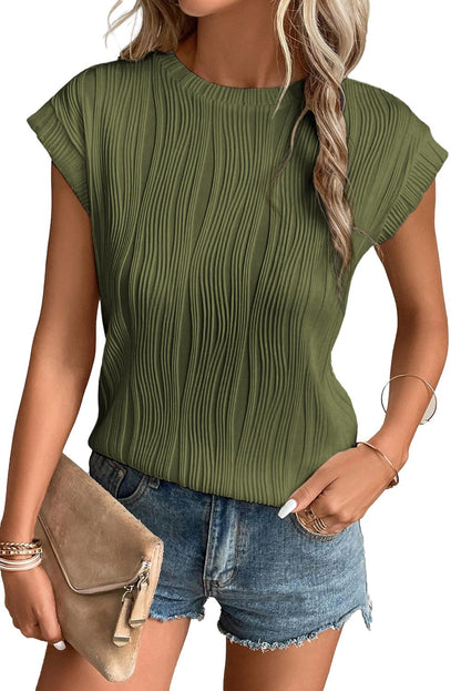 Solid Color Wavy Textured Cap Sleeve Top