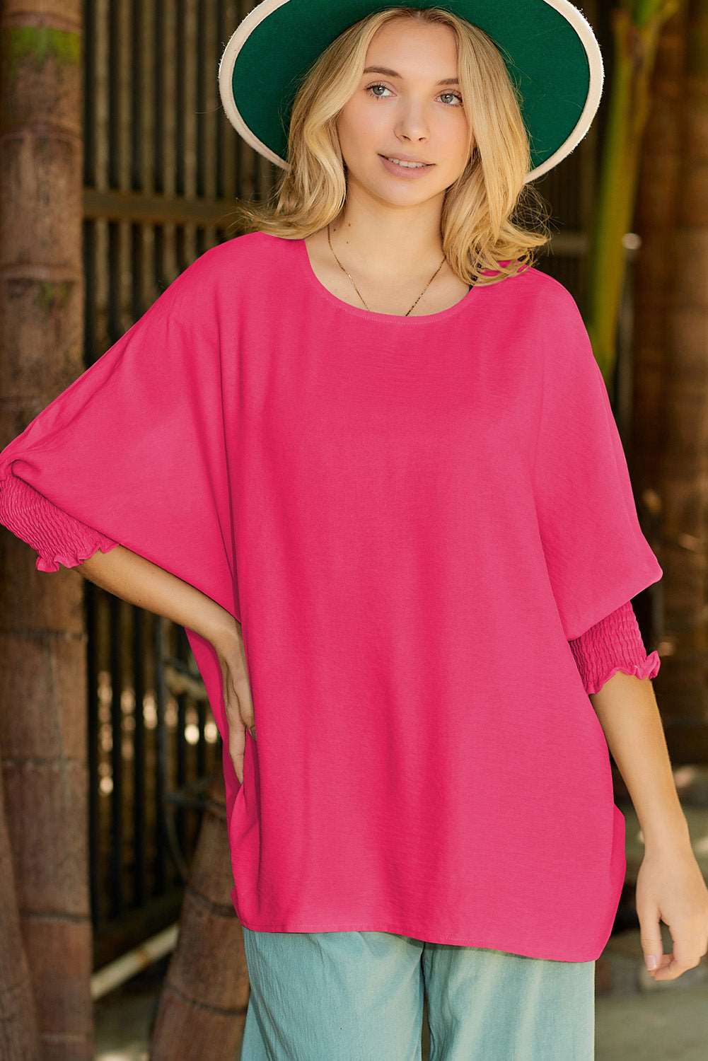 Casual Shirred Cuffs Half Sleeve Top