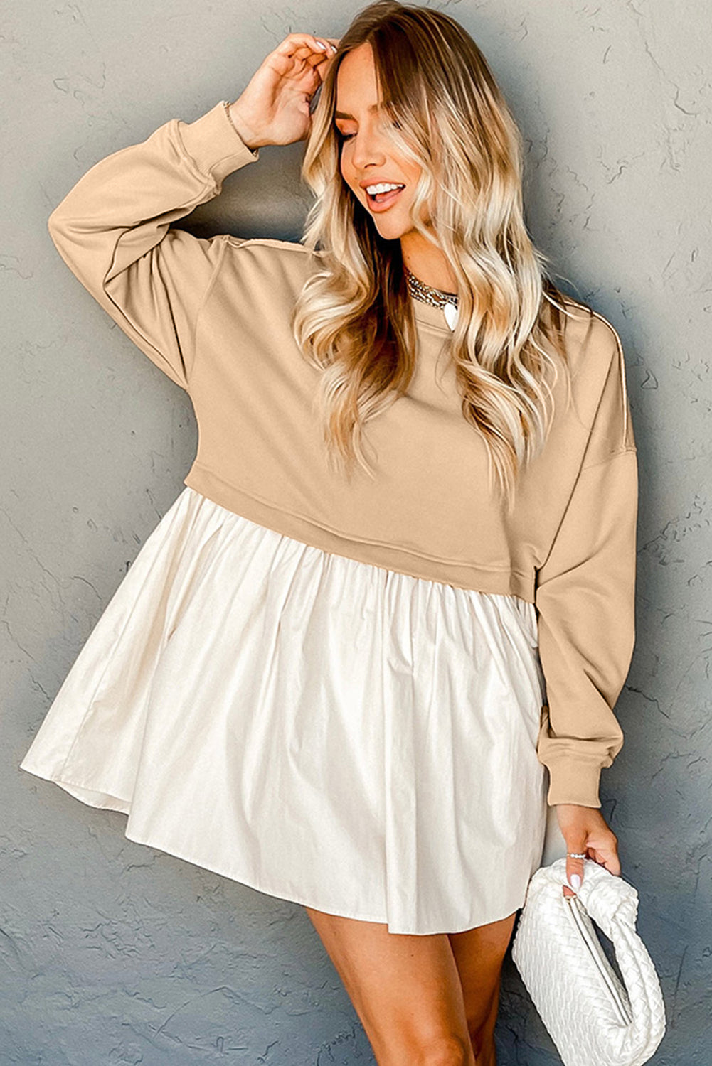 Khaki Sweatshirt Colorblock Flowy Pleated Mini Dress