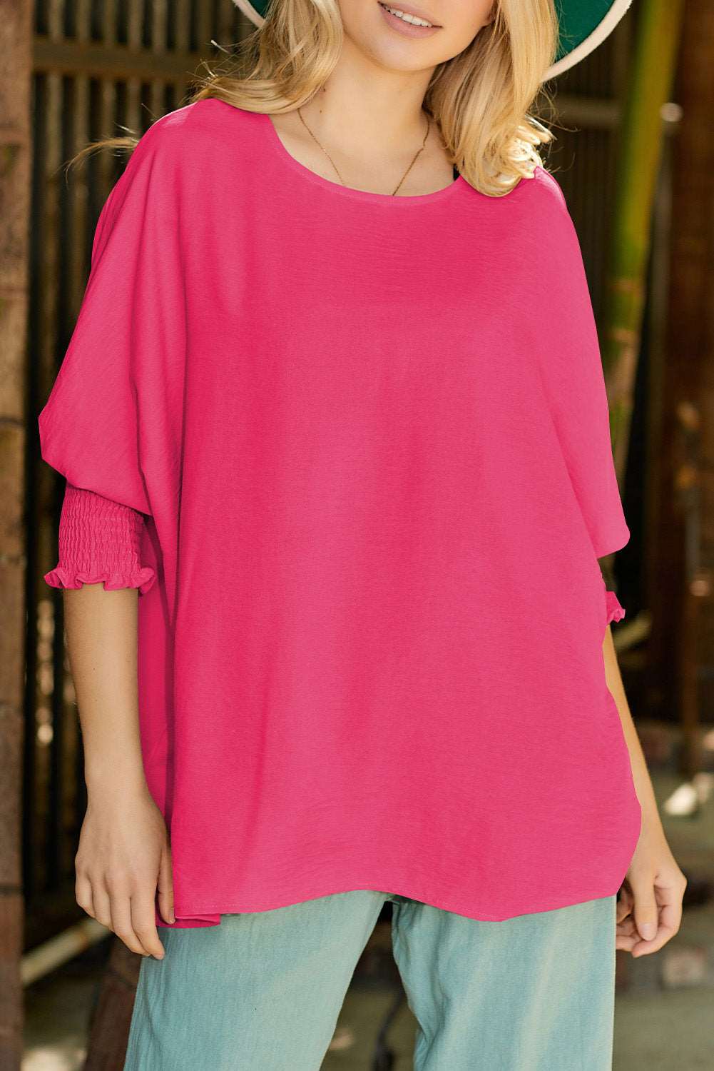 Casual Shirred Cuffs Half Sleeve Top