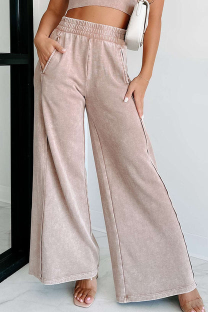 Apricot Pink Mineral Washed Smocked Wide Leg Pants