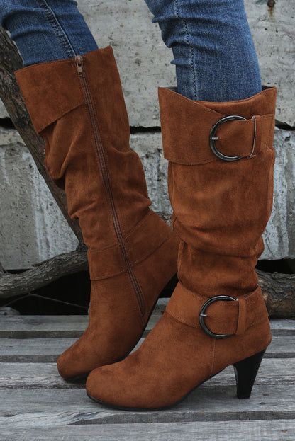 Chestnut Buckle Decor Ruched Zipper Heeled Boots