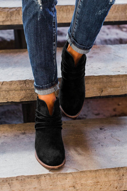 Criss Cross Slip On Point Toe Heeled Boots