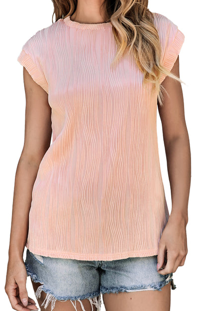 Solid Color Wavy Textured Cap Sleeve Top