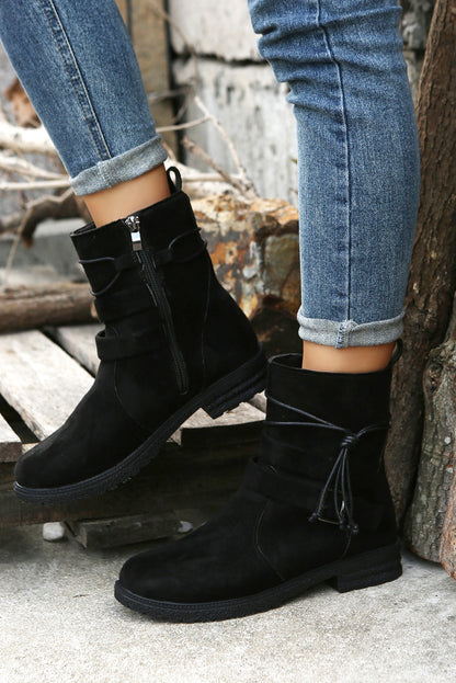 Faux Suede Zip Up Buckle Straps Ankle Boots