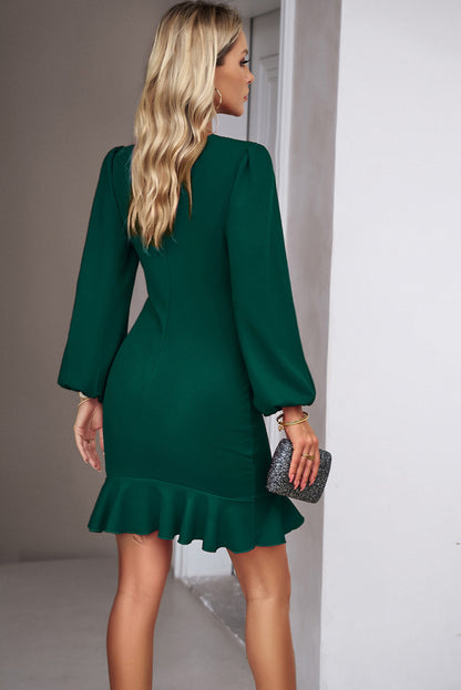 Solid Color Bubble Sleeves Ruffle Mini Dress