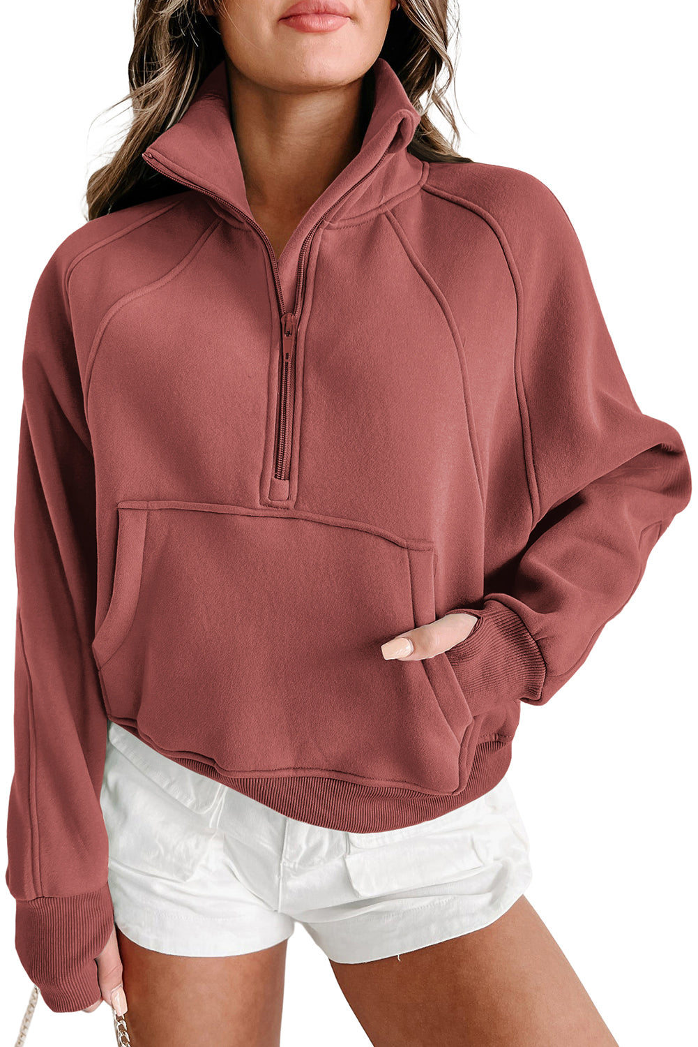 Zip Up Stand Collar Thumb hole Sleeve Sweatshirt