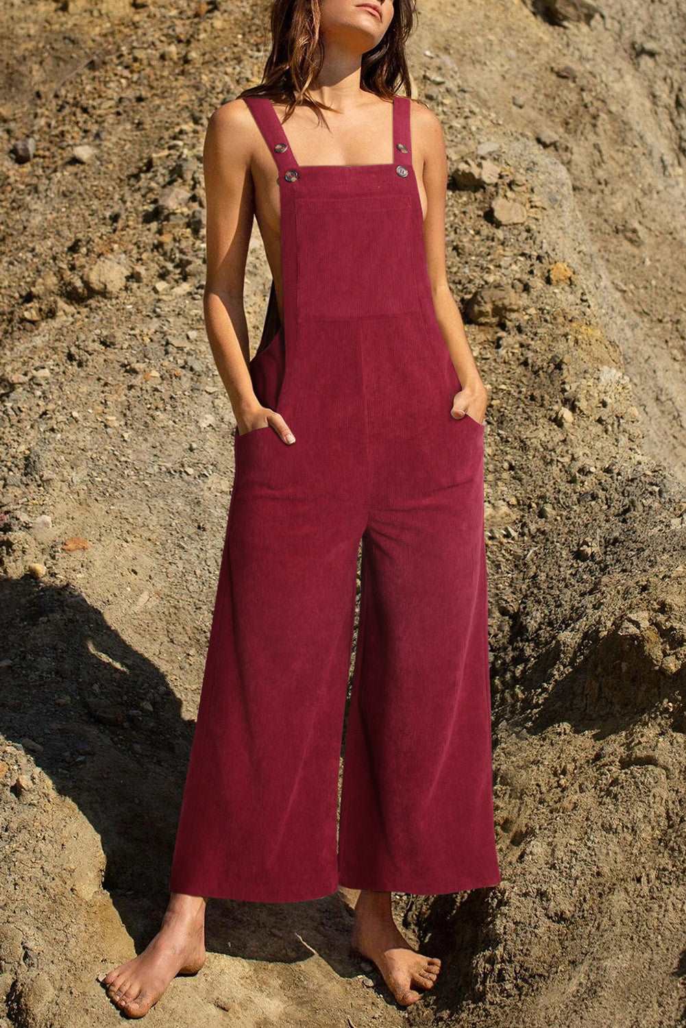 Black Corduroy Side Pockets Wide Leg Overalls Jumpsuits