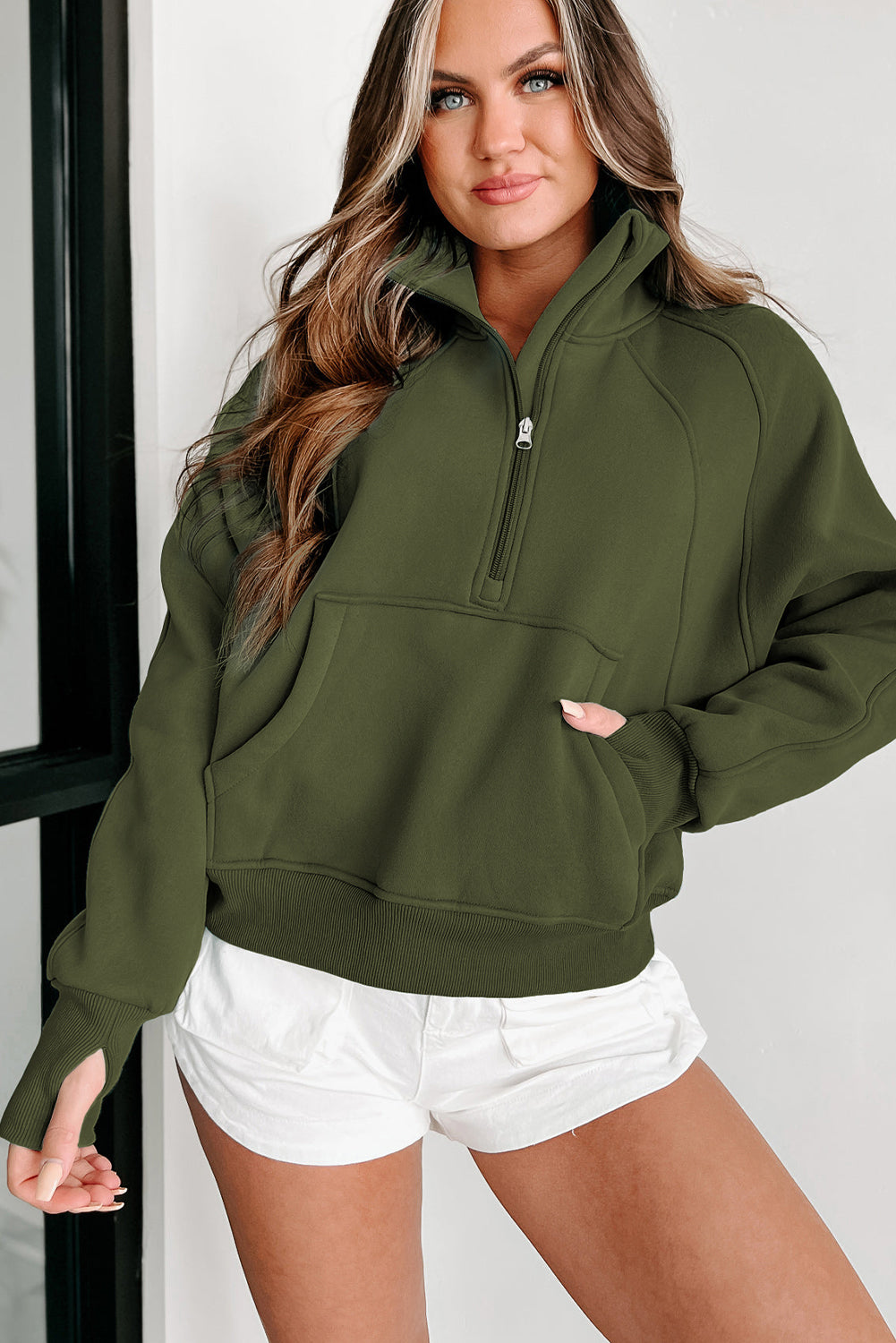 Zip Up Stand Collar Thumb hole Sleeve Sweatshirt