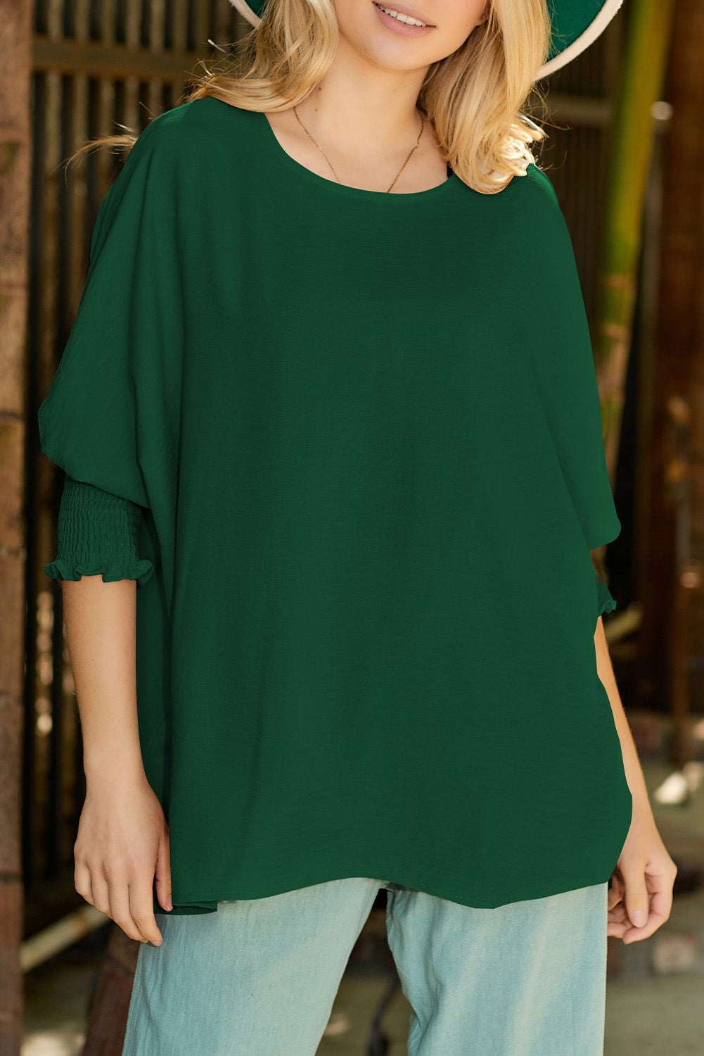 Casual Shirred Cuffs Half Sleeve Top