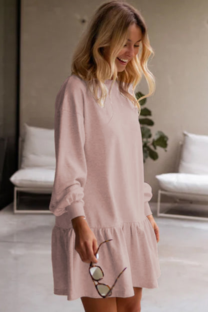 Solid Color Ruffle Hem Mini Sweatshirt Dress