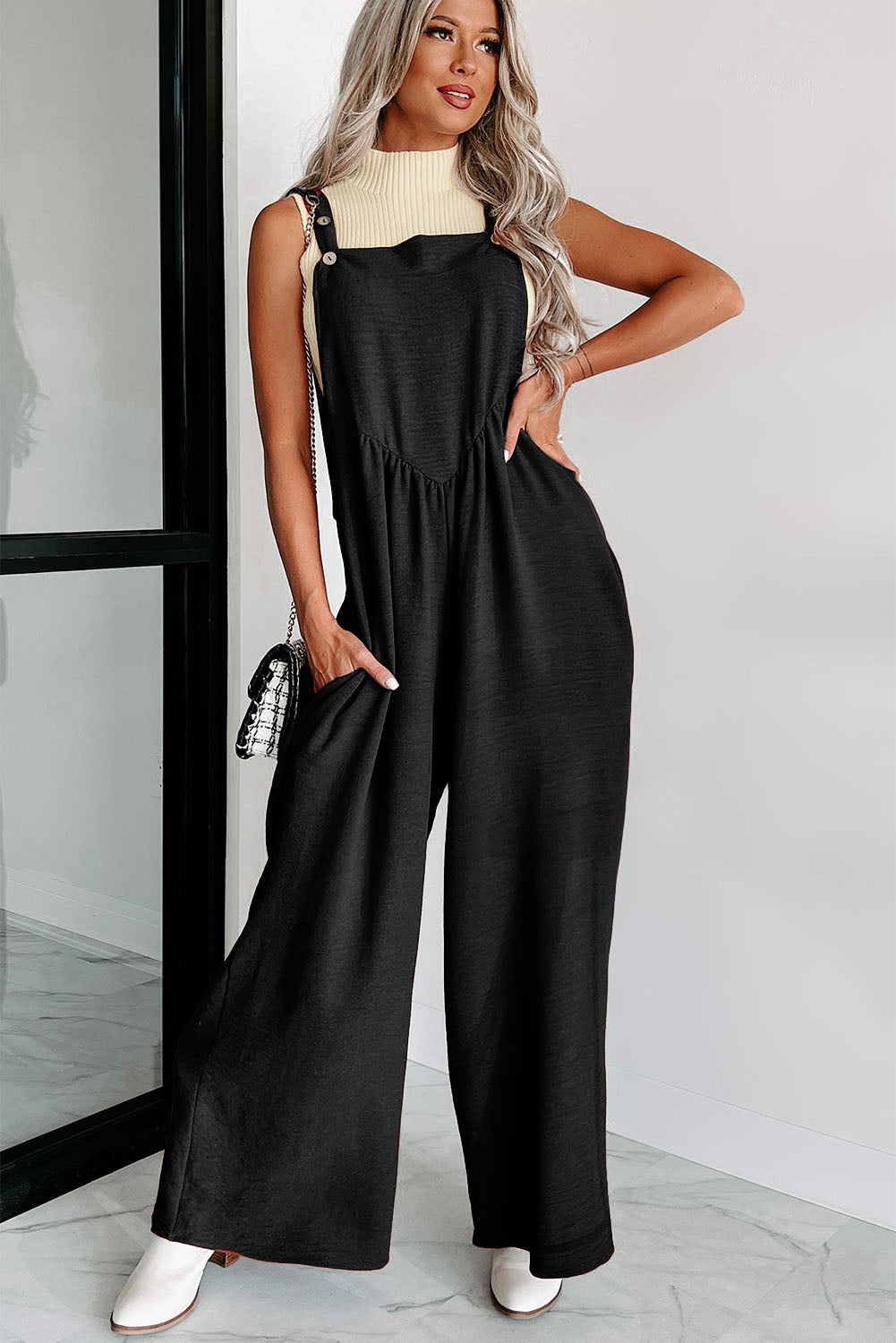 Gold Flame Textured Buttoned Straps Ruched Wide Leg Jumpsuit